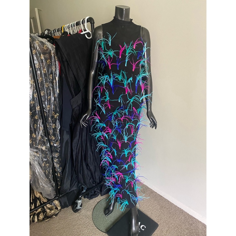 AKIRA Black Dress with Vibrant Feather Details NEW size S